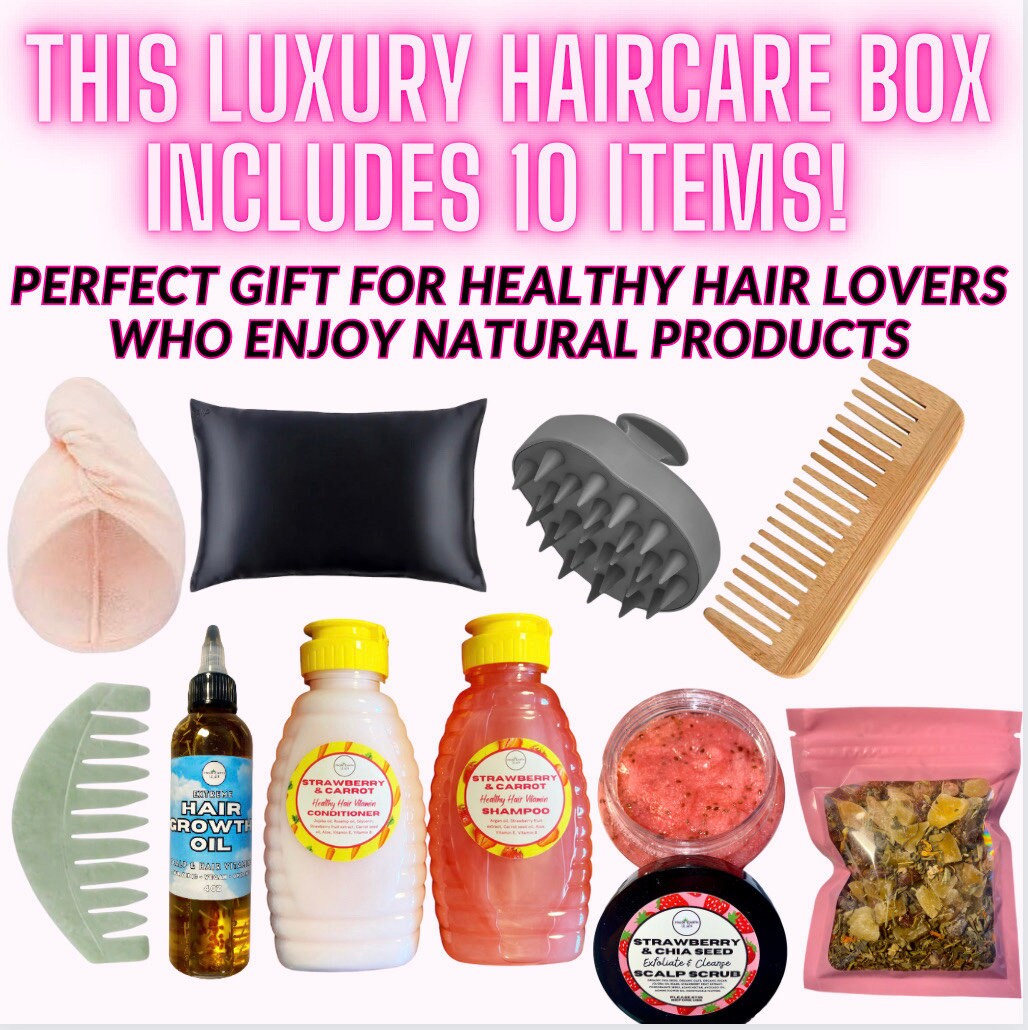 Healthy Hair Luxury Gift Set - 10 piece deluxe box Including full size products - shampoo/ conditioner/ hair growth oil/ scalp scrub